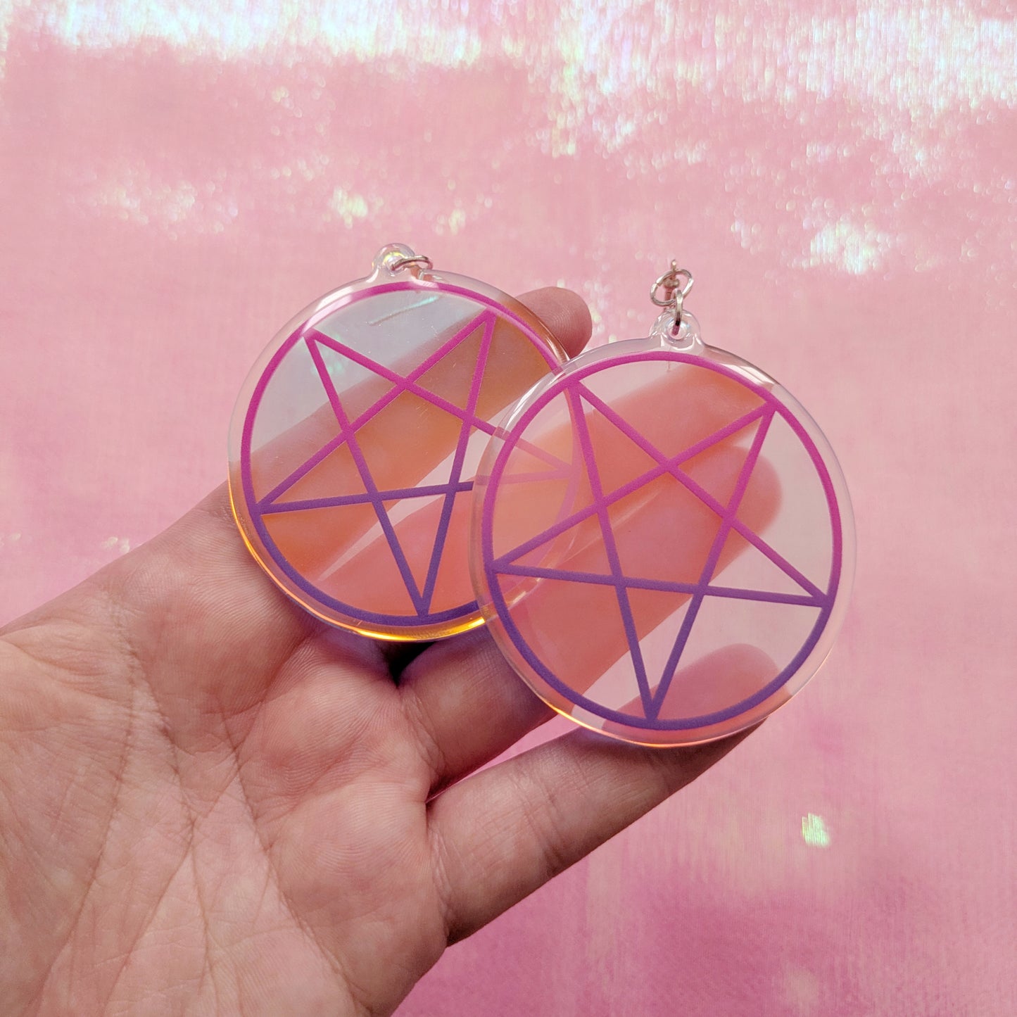 Iridescent Pink And Purple Inverted Pentagram 2.5 Inch Earrings