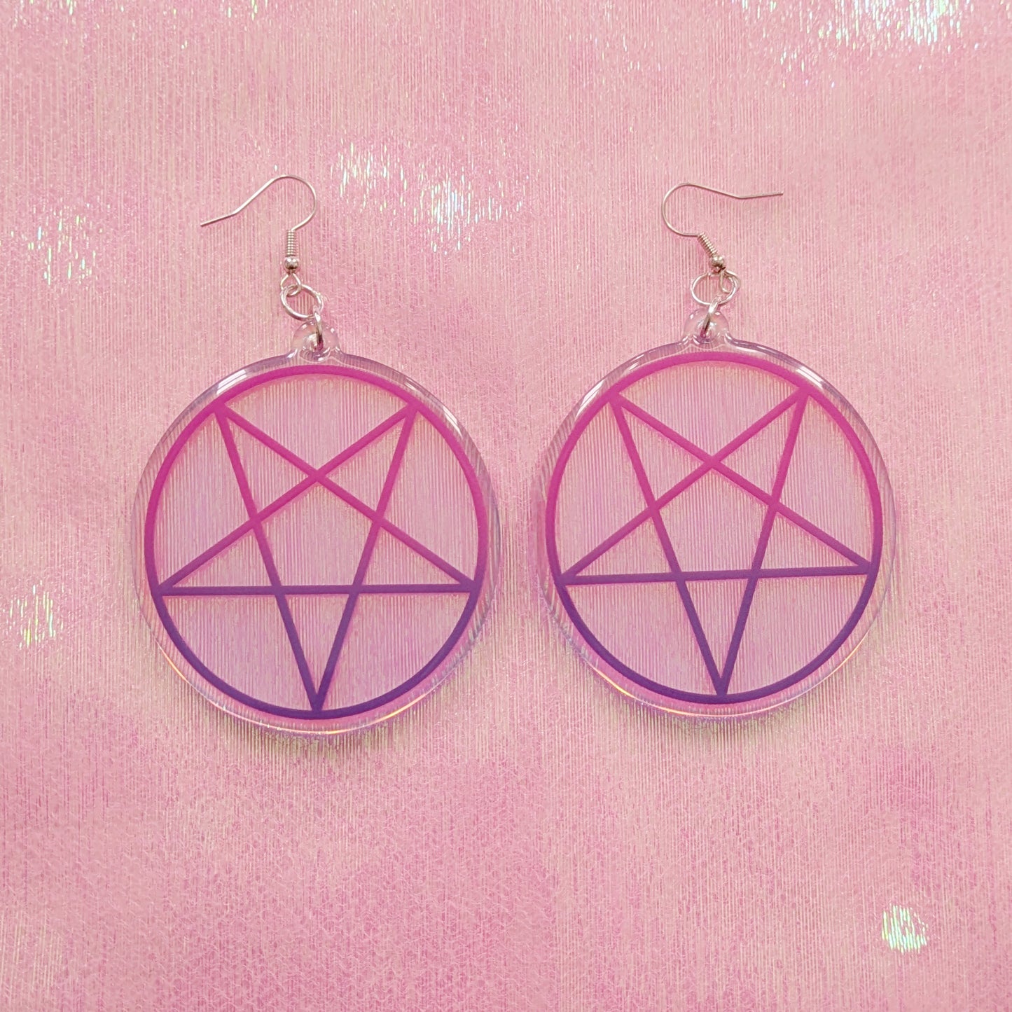 Iridescent Pink And Purple Inverted Pentagram 2.5 Inch Earrings