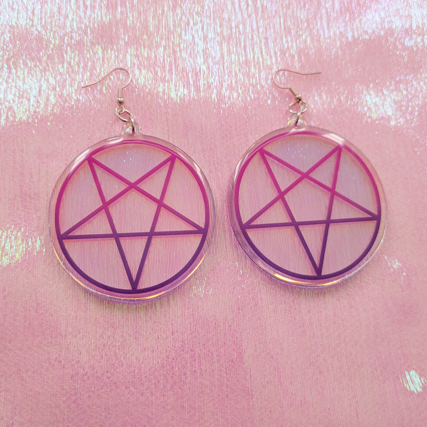Iridescent Pink And Purple Inverted Pentagram 2.5 Inch Earrings