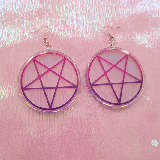 Iridescent Pink And Purple Inverted Pentagram 2.5 Inch Earrings